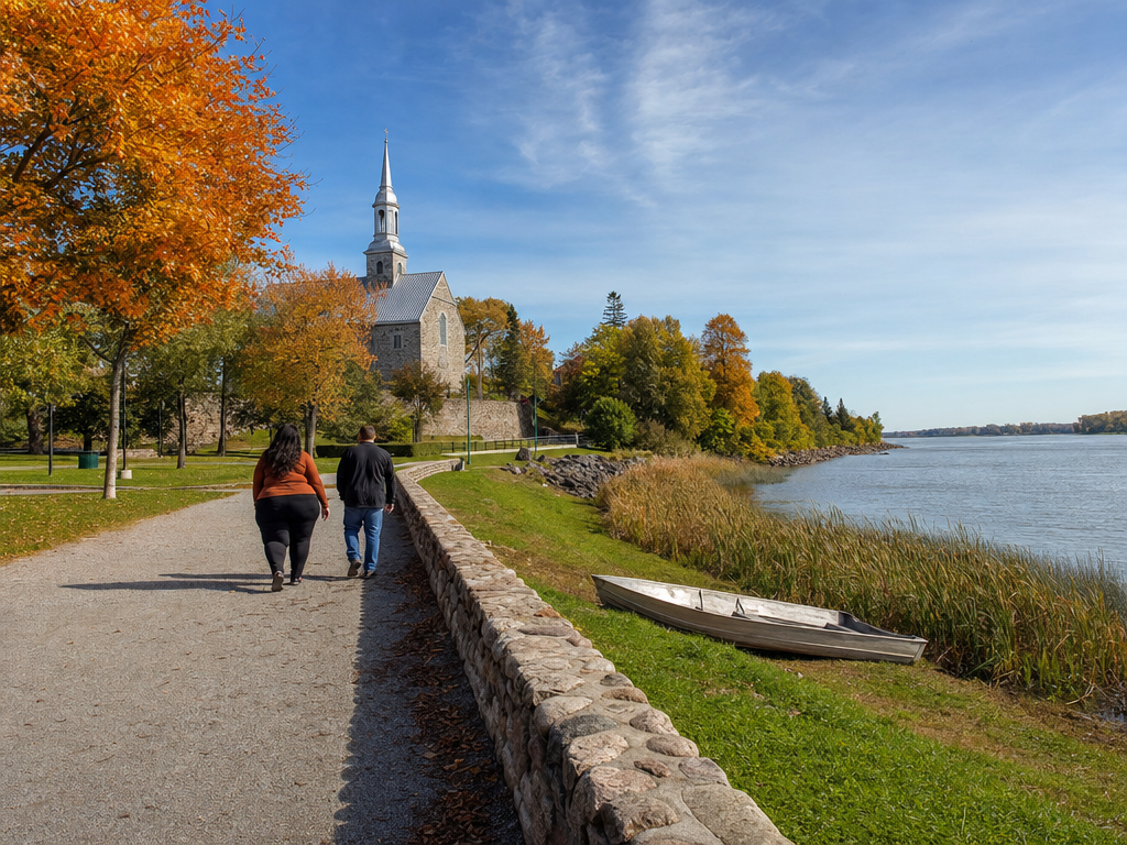Une esplanade riveraine à Laval sous le clocher argenté de l'église de pierre