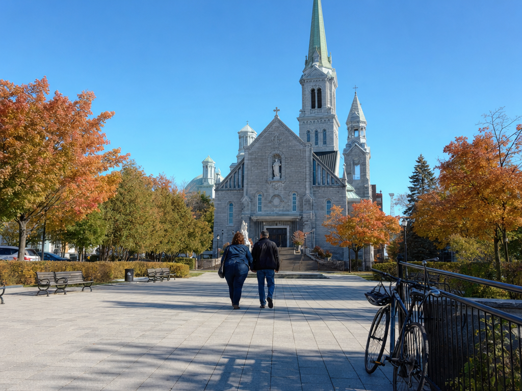 La place de la cocathédrale de Longueuil sous les érables cuivrés de l'automne