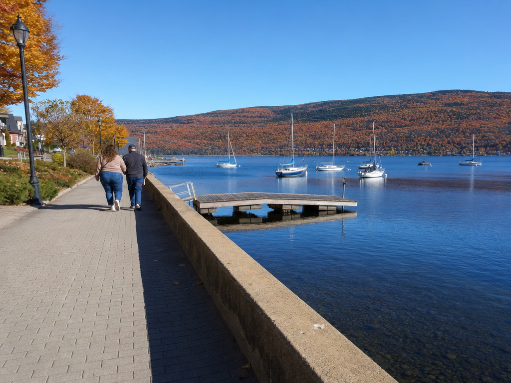 La promenade du lac Memphrémagog à Magog devant la crête boisée rousse