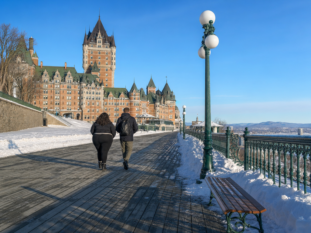 La terrasse Dufferin enneigée devant le Château Frontenac à Québec en hiver