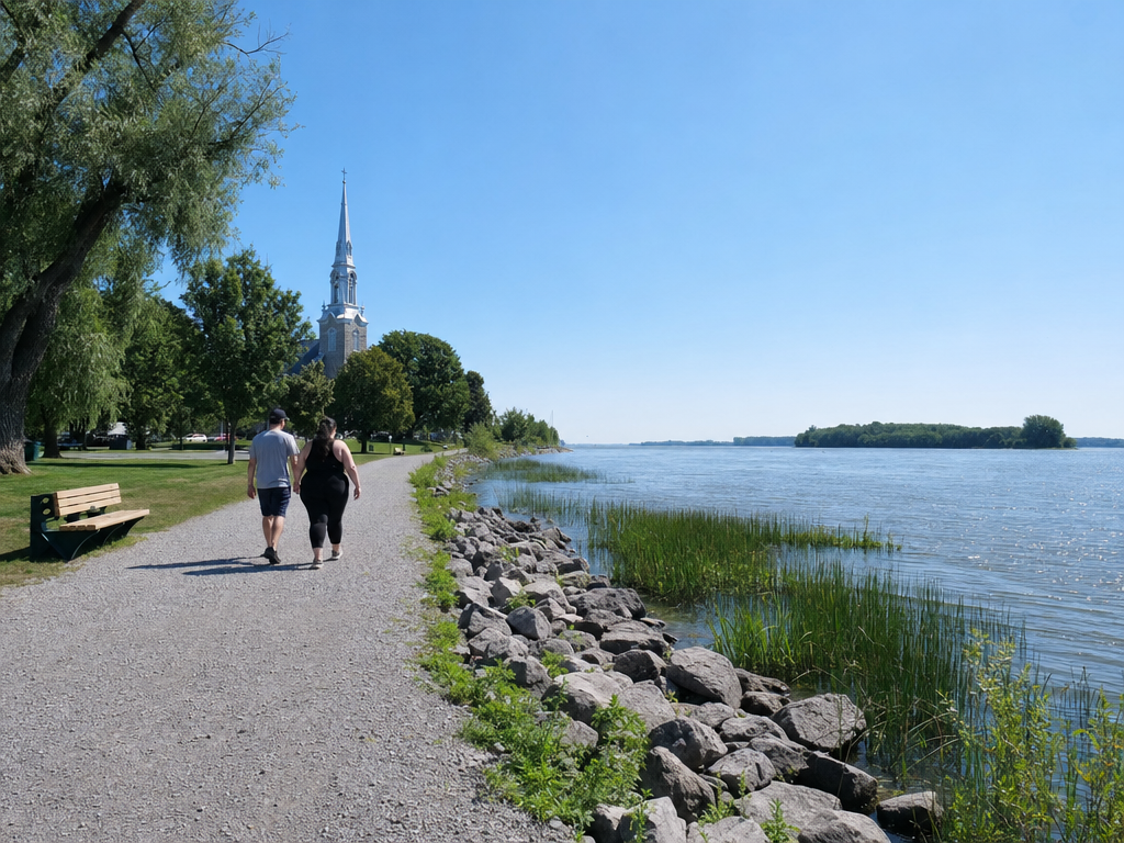 Le sentier riverain de Varennes sous le clocher argenté de l'église