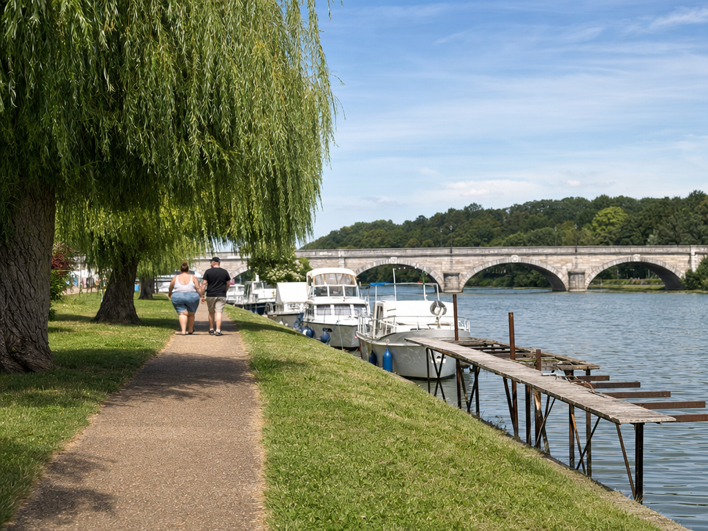 Les bords de Marne à Chelles devant un pont de pierre à arches
