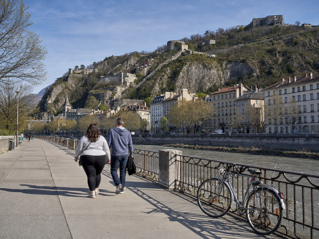 La Bastille surplombe l'esplanade des berges de l'Isère à Grenoble
