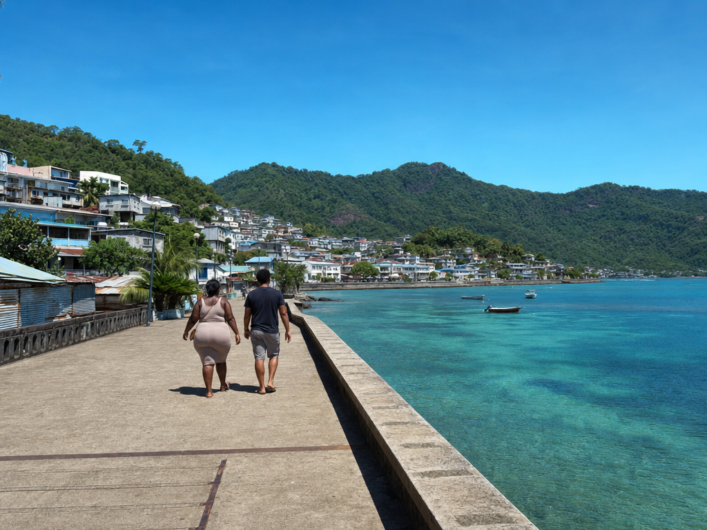 Esplanade de Mamoudzou ouverte sur le lagon turquoise et la barrière de corail