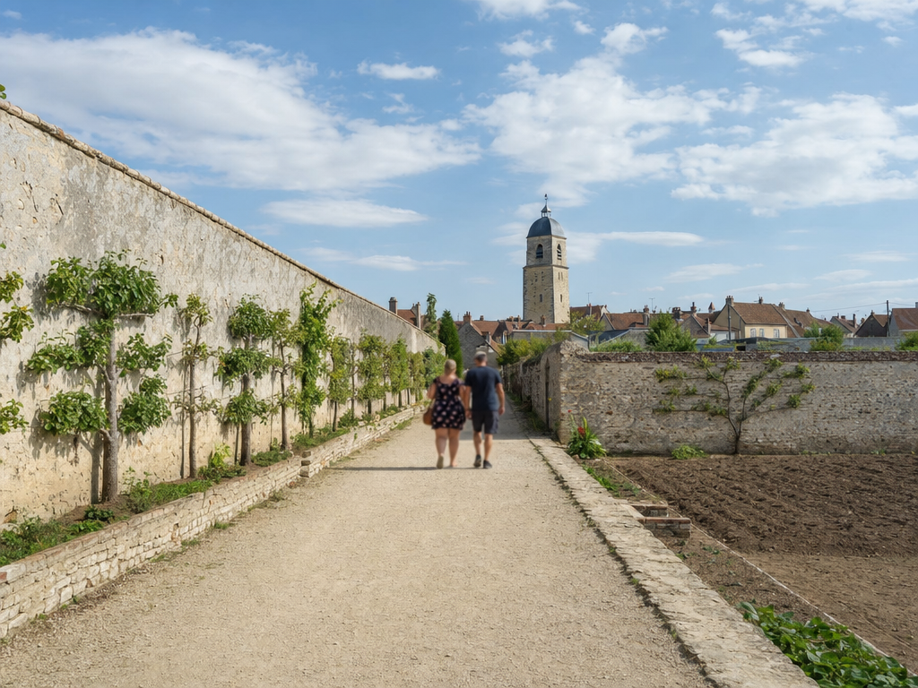 Les murs à pêches de Montreuil devant le clocher de pierre du village
