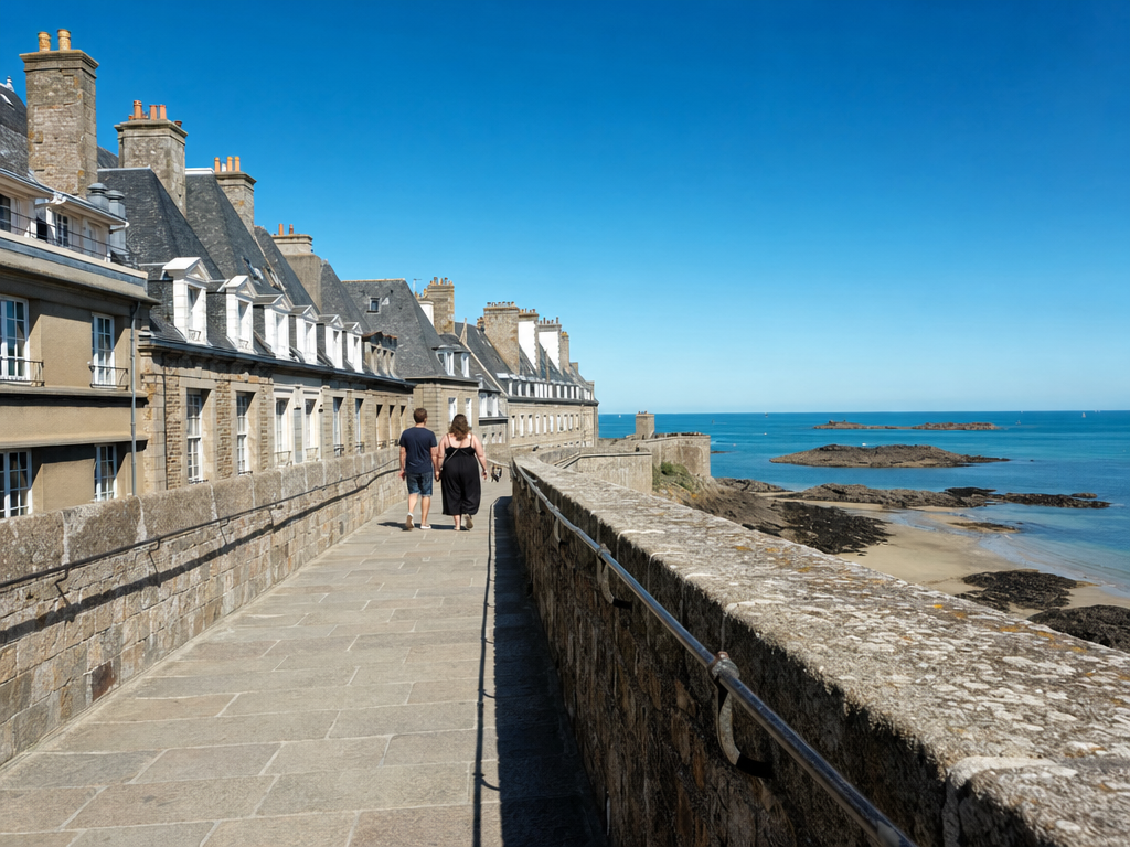 Le chemin de ronde des remparts de granit de Saint-Malo face au large